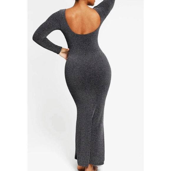 NWT Shapellx women’s long sleeve, maxi, shaping glittery gray dress S/XL - Picture 2 of 7
